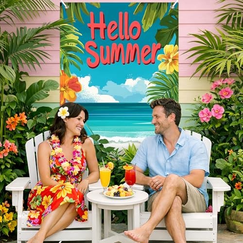 Hello Summer Beach Door Cover Backdrop – Vibrant, Blue, Green, Yellow