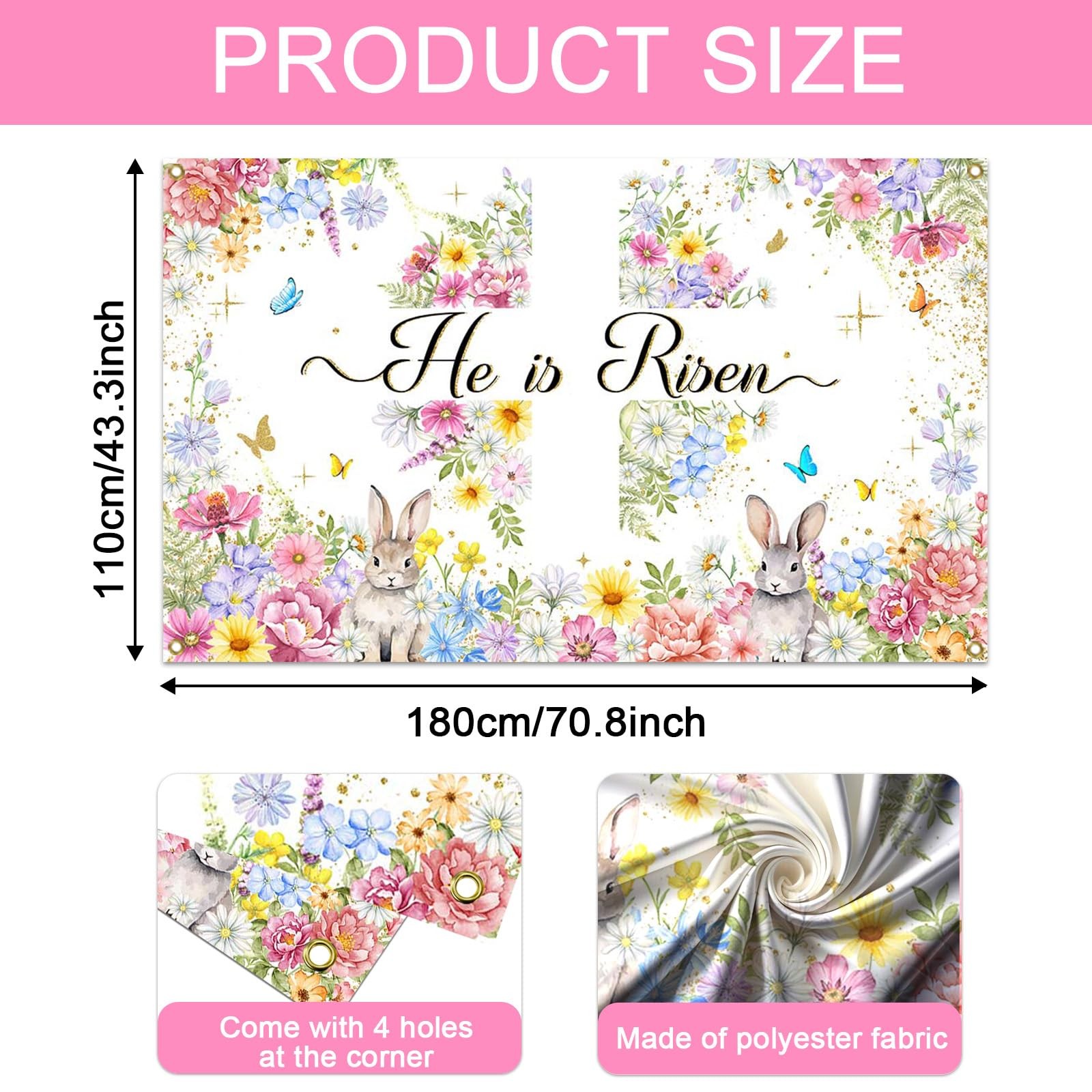 Mocsicka Easter He is Risen Banner Backdrop Spring 70.8″L x 43.3″W, Muti
