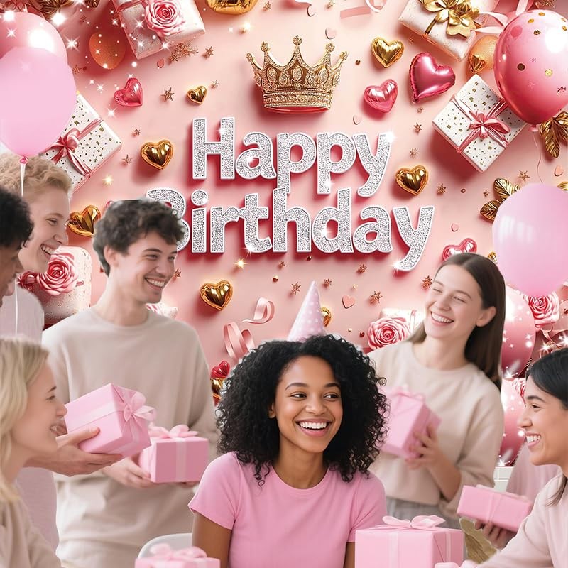 Pink Happy Birthday Backdrop Banner Gold 70.8 x 47.2 Inch,