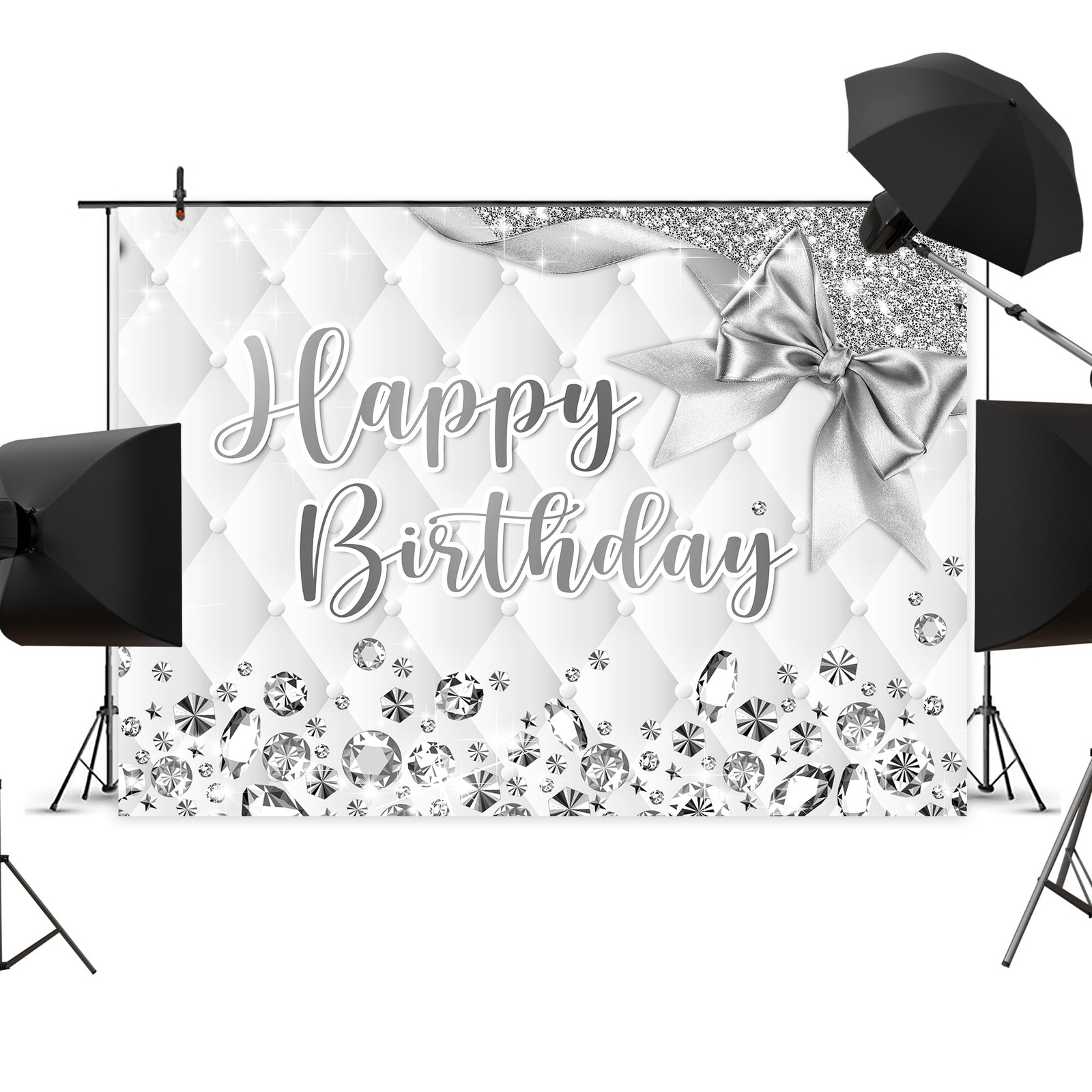 Newsely White and Silver Birthday Backdrop 7Wx5H Photography Happy Birthday B…