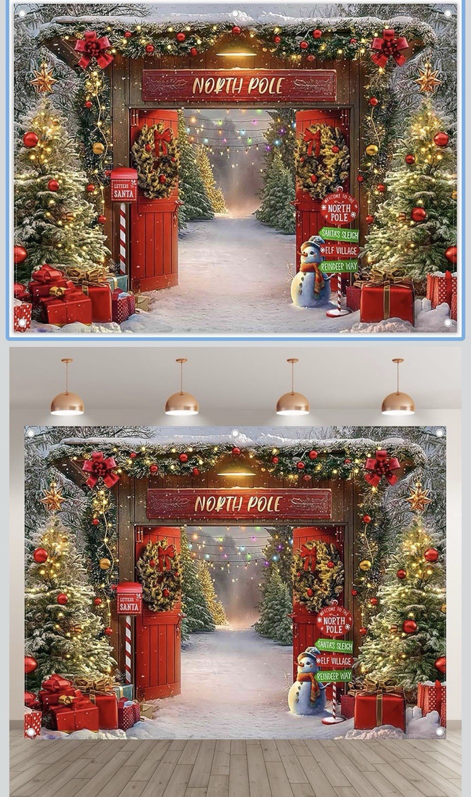 North Pole Christmas Backdrop 7x5ft – Santa Workshop Door Snowman Winter Decor