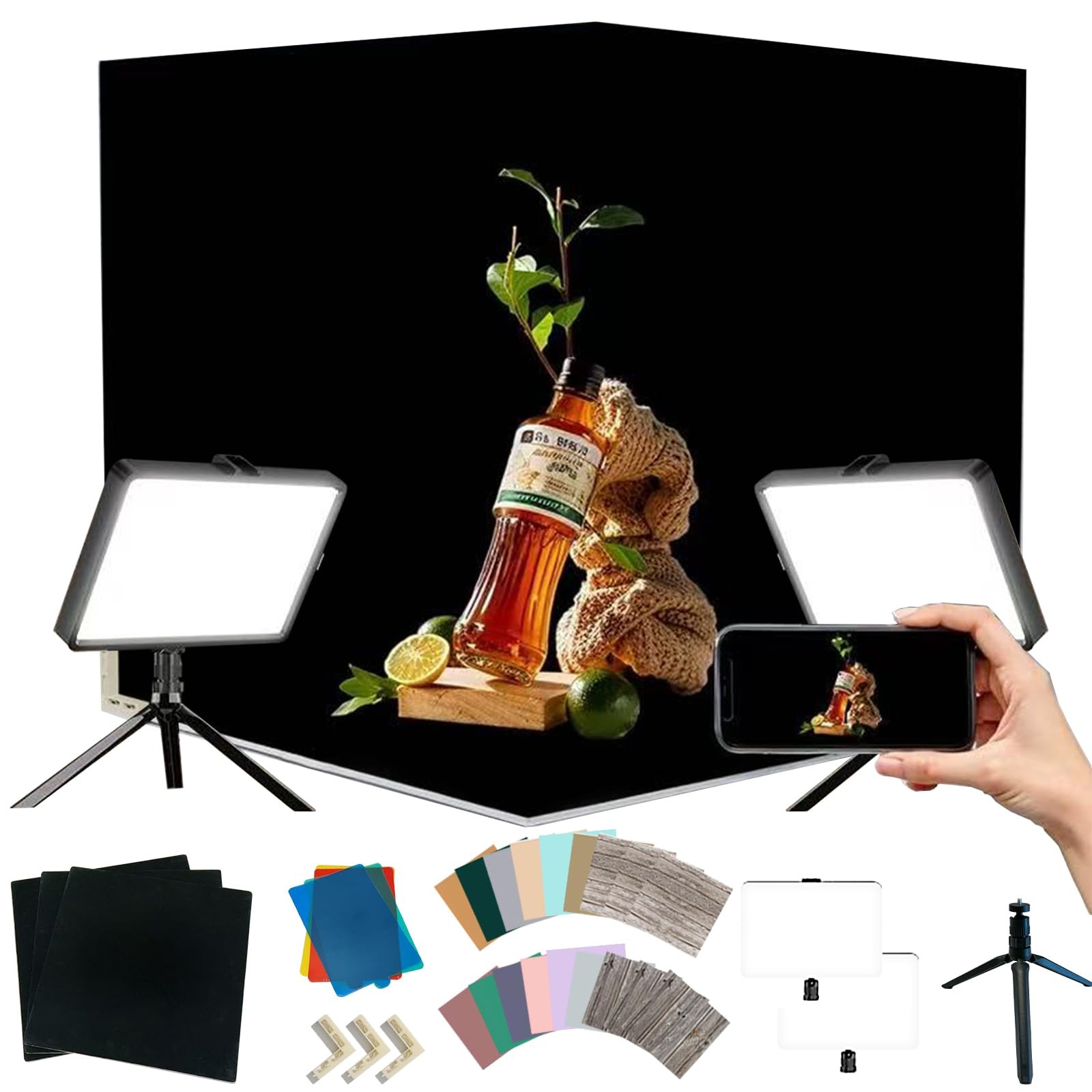 Photo Backdrop Board with 2 LED Lighting Shooting Kit, 14Pcs 28Patterns 16×16…