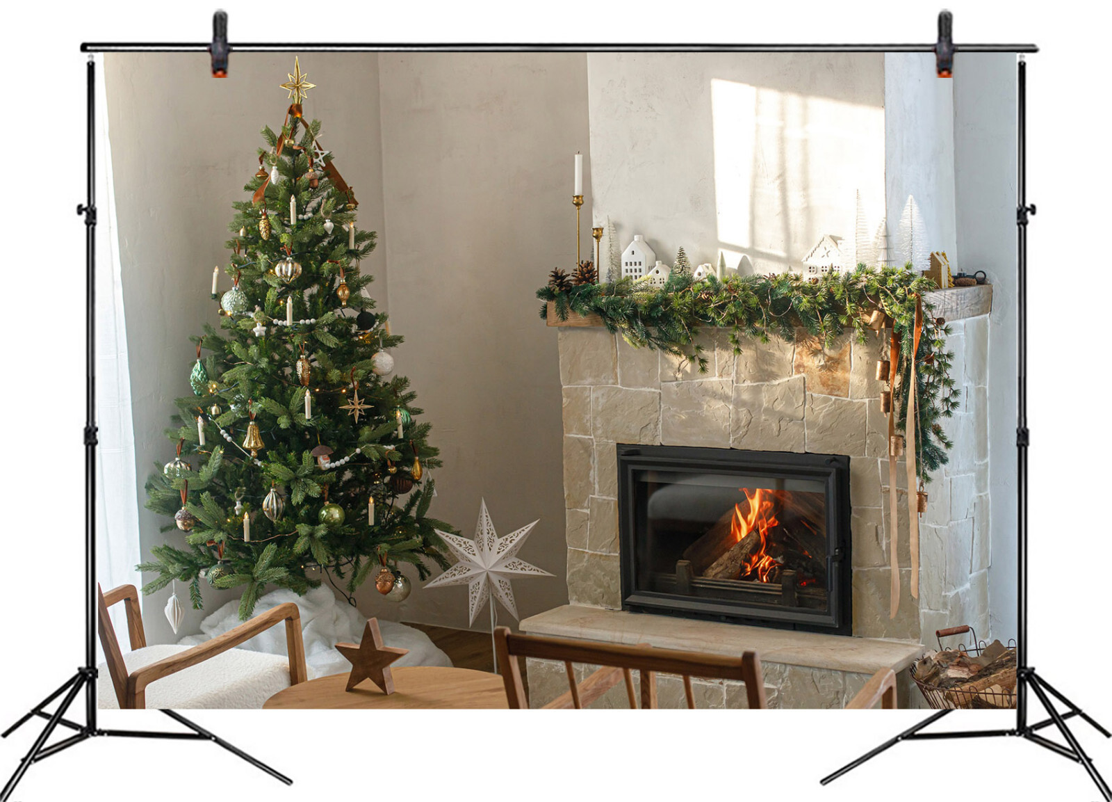 10x8ft Winter Fireplace Green Christmas Tree Vinyl Backdrop Photo Background