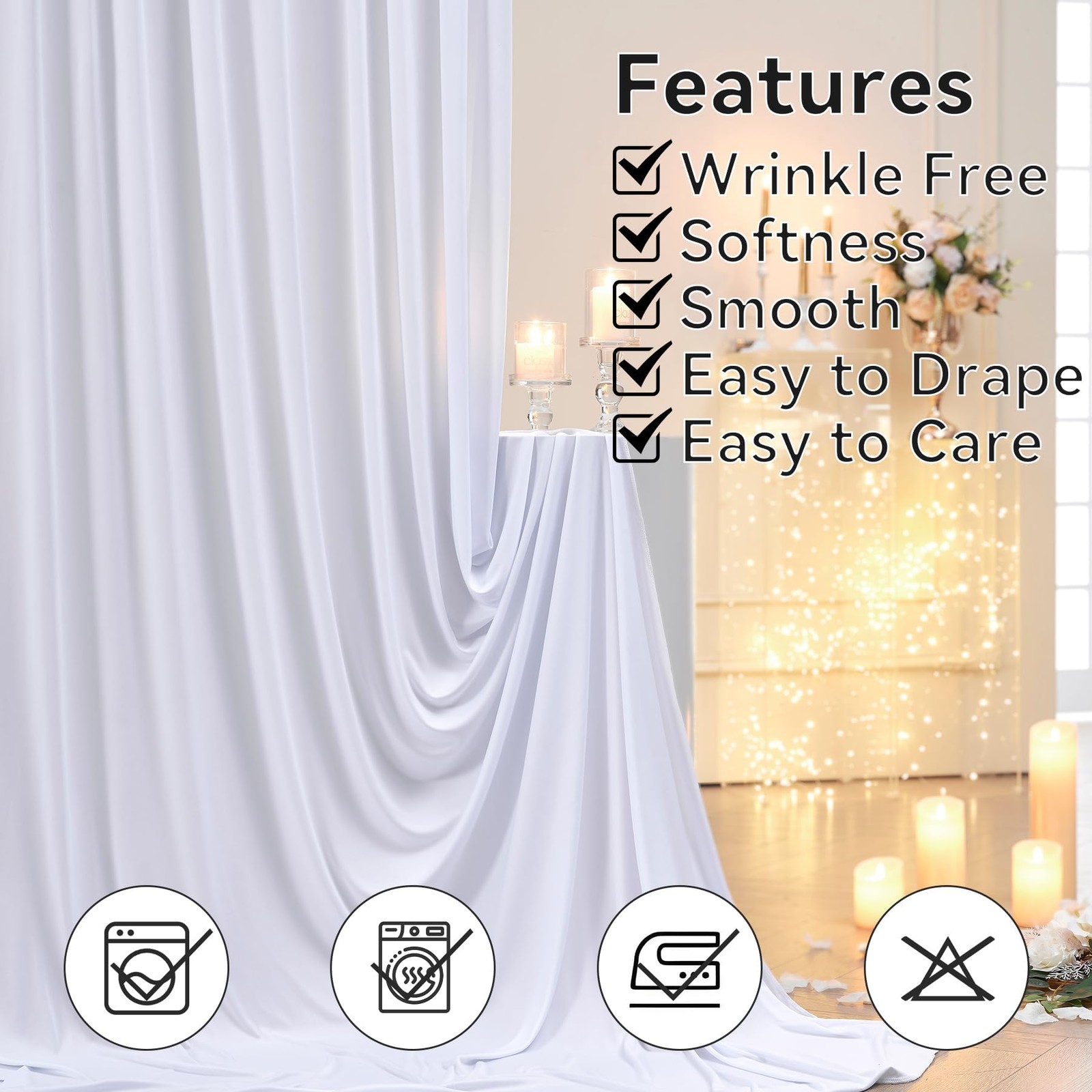 50×14 ft White Wrinkle Free Backdrop Curtain for 14ft Long_10 Panels,