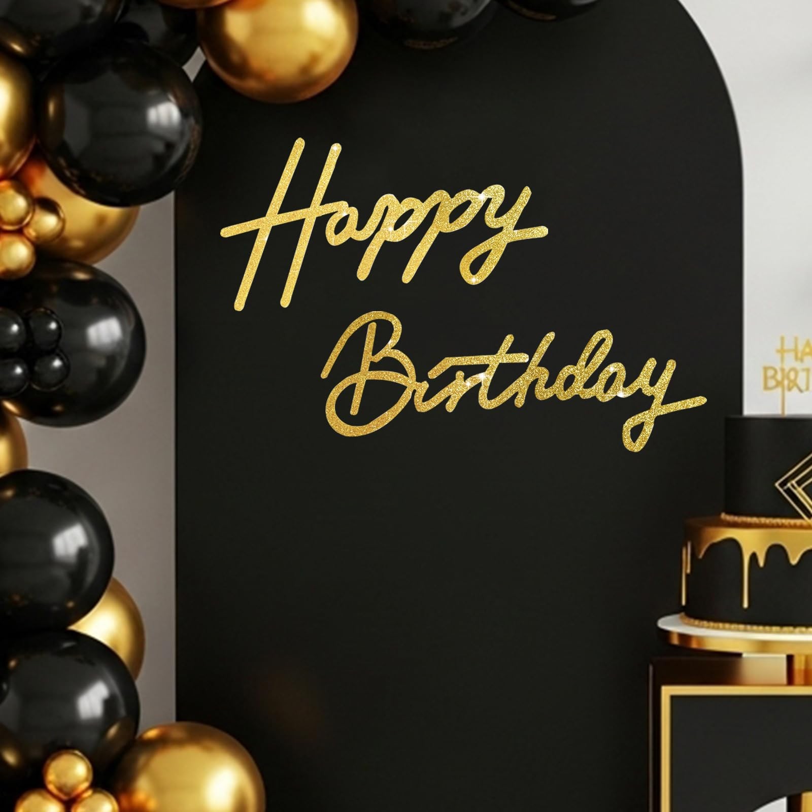 TONIFUL Happy Birthday Sign for Backdrop 16 inches x 7.8 inches, Glitter Gold