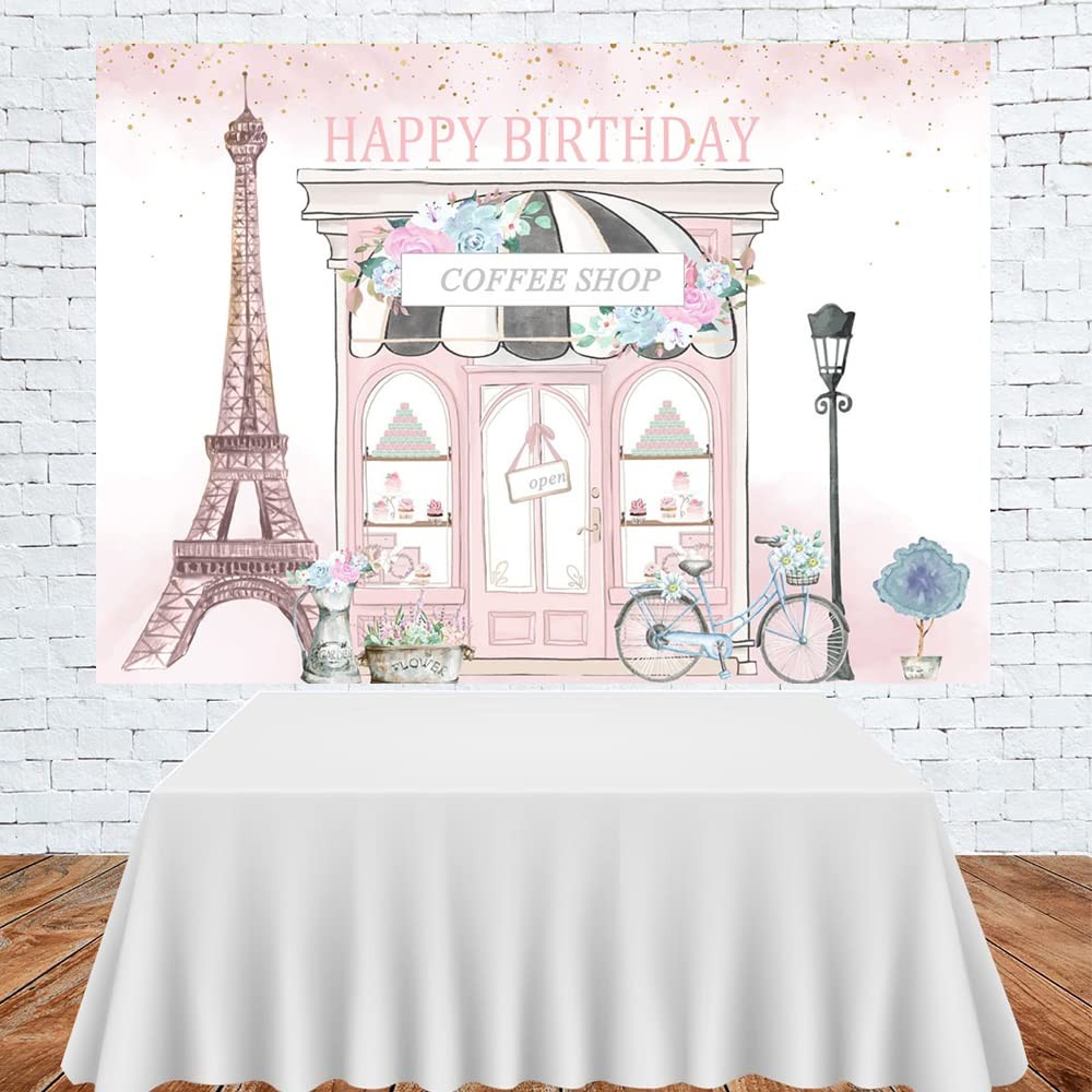 Birthday Backdrop 7x5ft Girls Pink Paris Eiffel Tower Party Photo Background