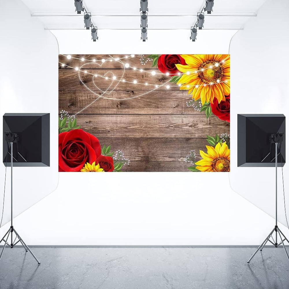 8x6ft Brown Wooden Board Sunflower Rose Photography Backdrop for 8x6ft,