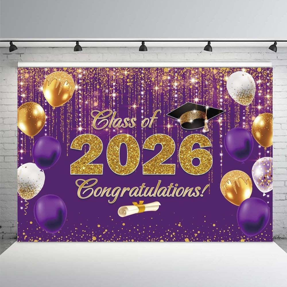 7x5ft Class of 2026 Party Backdrop, Purple and Gold Congrats Grad Backdrop Congr