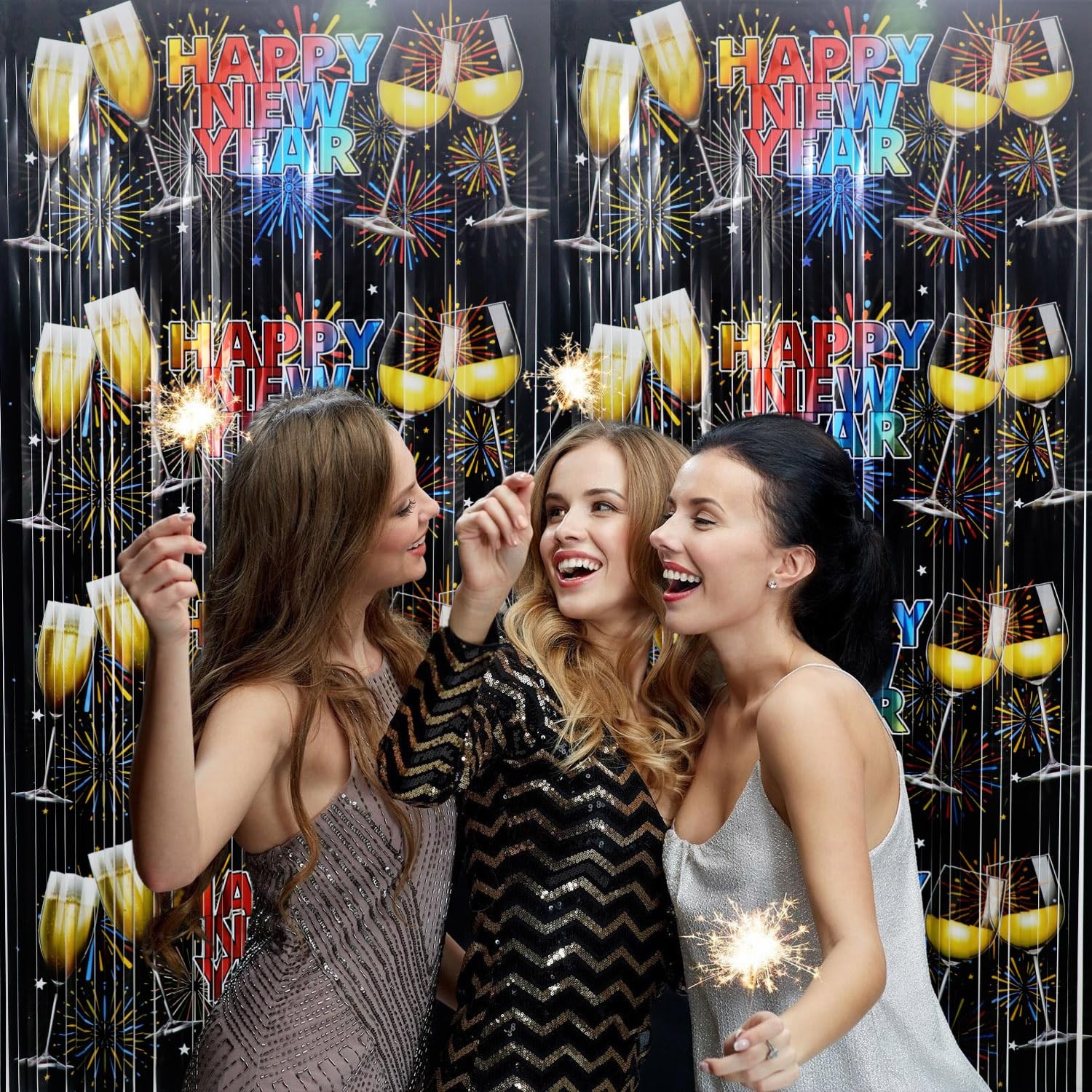 2 PCS Foil Curtain Backdrop New Year Eve Party Decorations Metallic Tinsel