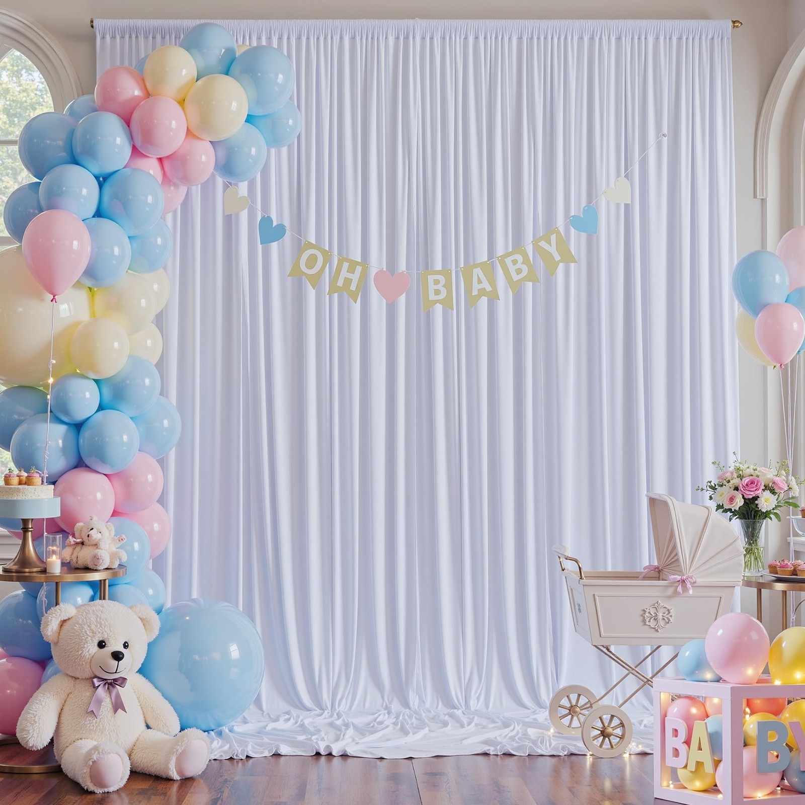 50×14 ft White Wrinkle Free Backdrop Curtain for 14ft Long_10 Panels,