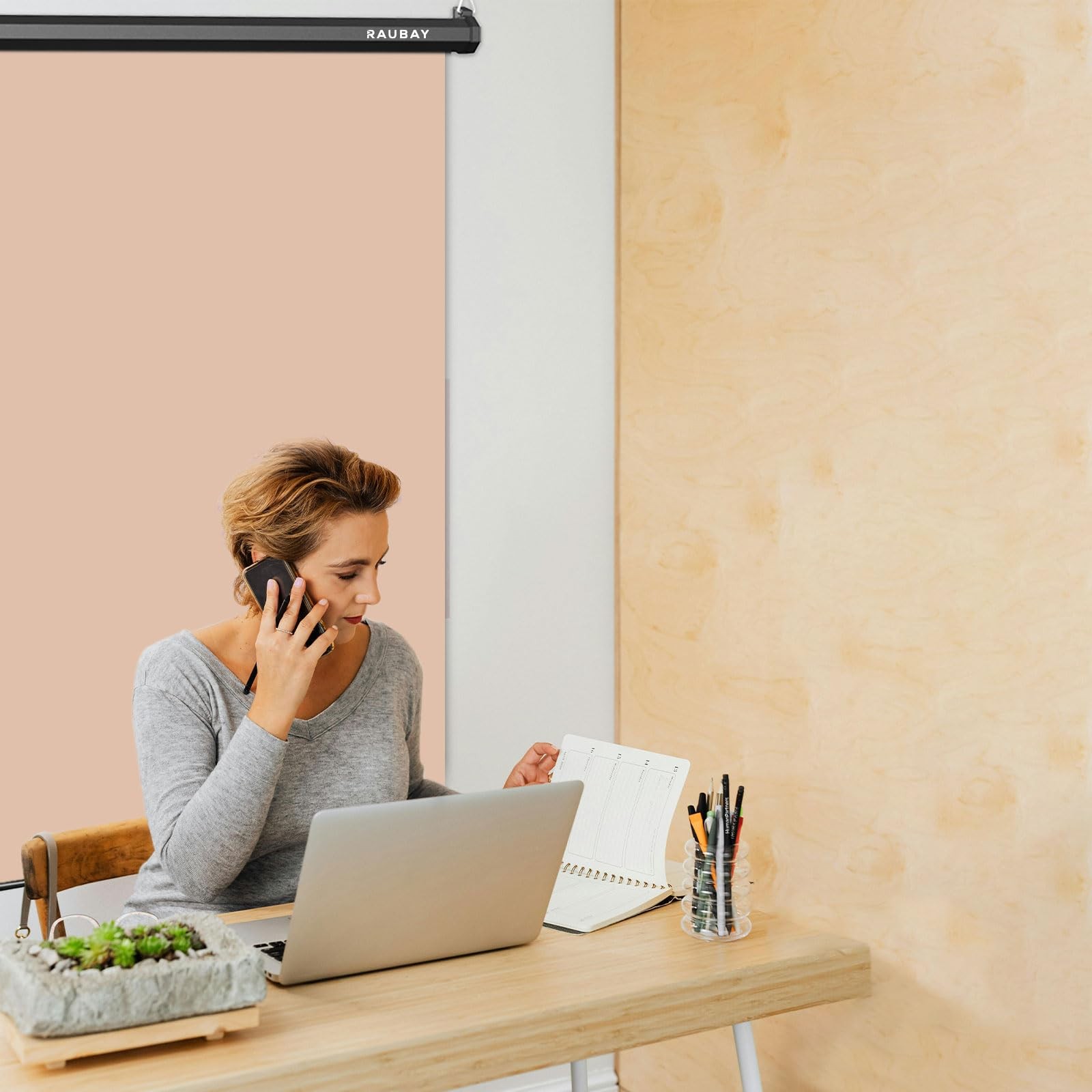 RAUBAY Retractable Pull Down Beige Screen Standard(59.8 x 86.6in),