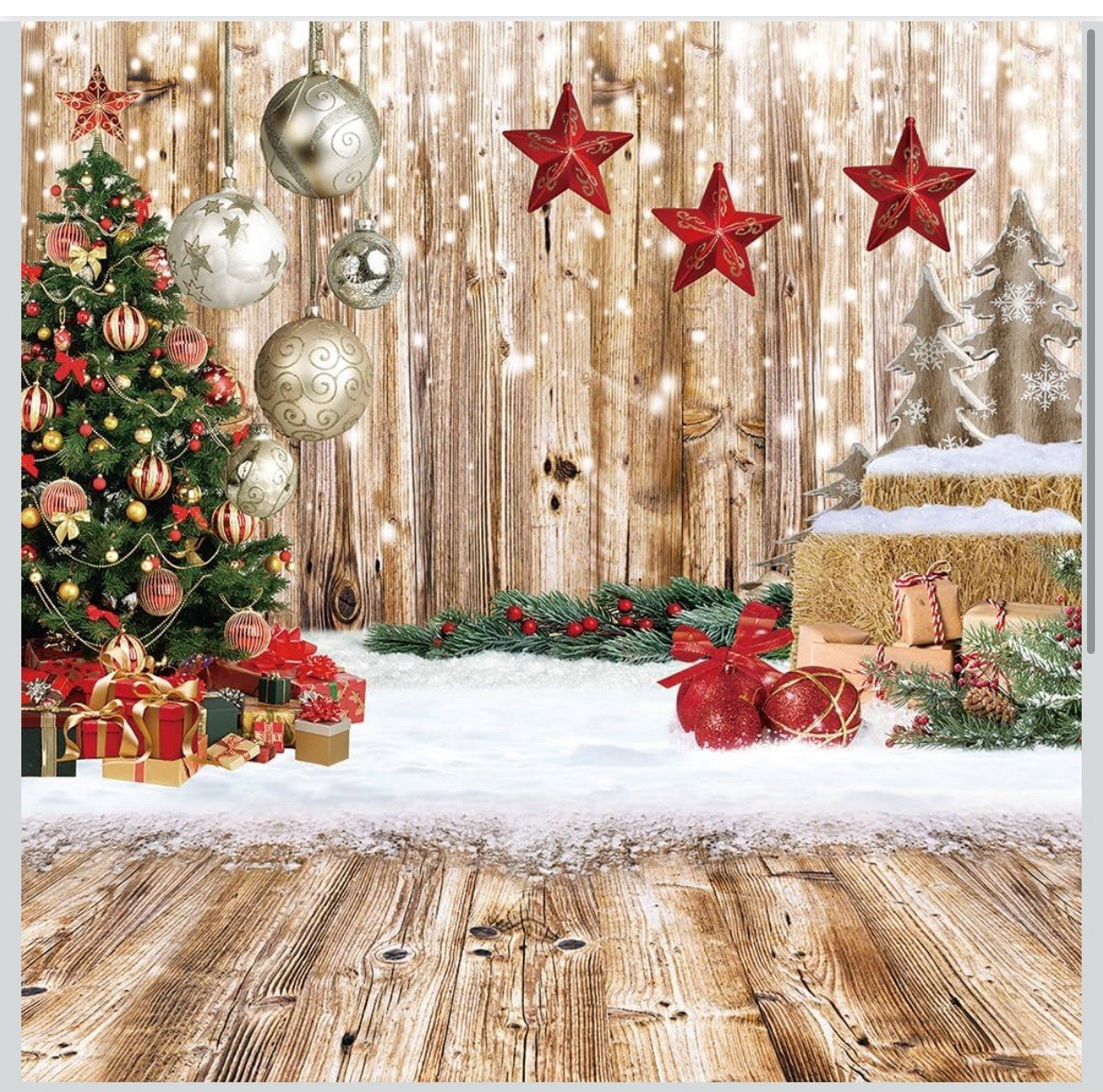 10’X10ft. Rustic Christmas Family photo Background backdrop- Snow, Tree, Gifts