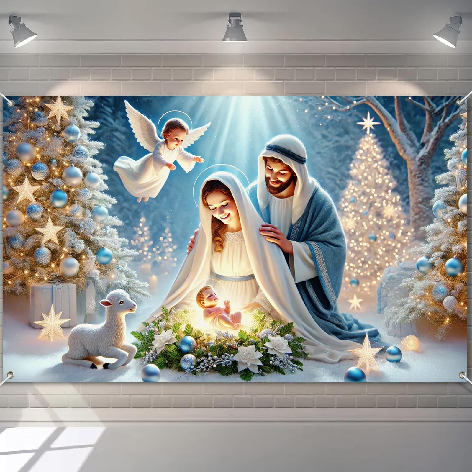Nativity Christmas Banner 71×43 Inch Holy Family Backdrop with Baby Jesus Ang…