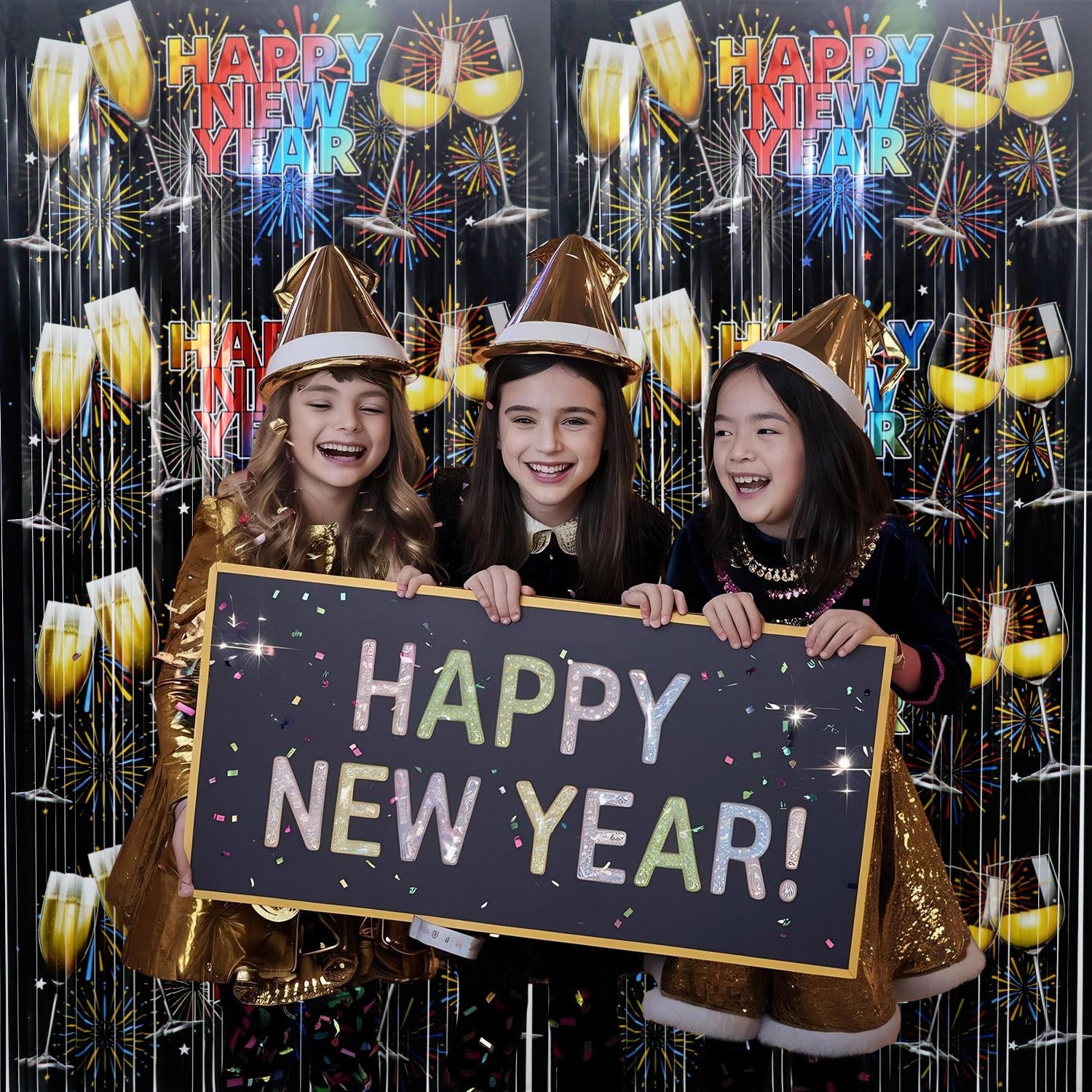 2 PCS Foil Curtain Backdrop New Year Eve Party Decorations Metallic Tinsel