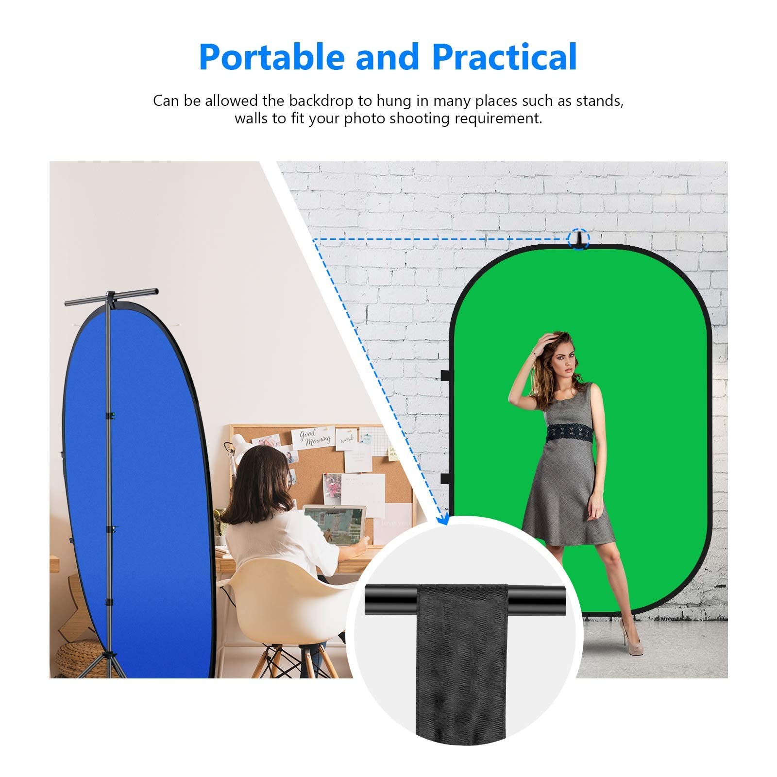 5X 6.5ft Portable Green Screen Backdrop Double-Sided 2-in-1 Blue Screen Pop U…