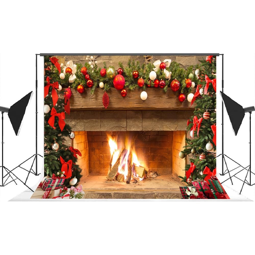 Lofaris Christmas Fireplace Backdrop Winter Xmas Tree Colorful 7x5ft, golden