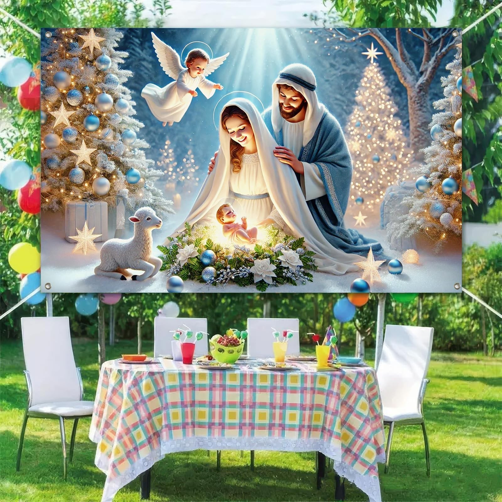 Nativity Christmas Banner 71×43 Inch Holy Family Backdrop with Baby Jesus Ang…
