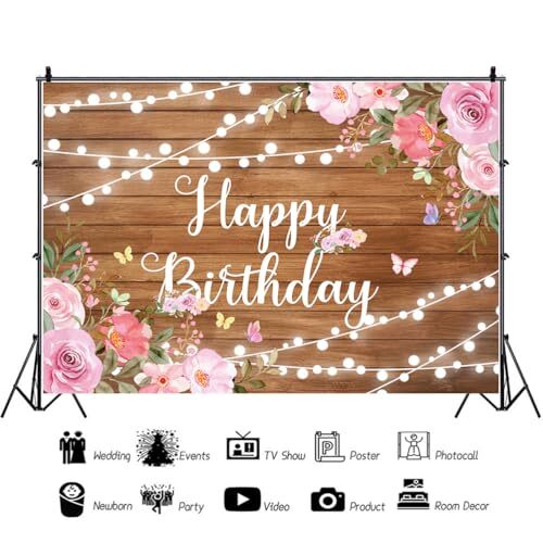 Happy Birthday Backdrop for Women Rustic Wooden Pink Floral Butterfly 7x5Ft S1