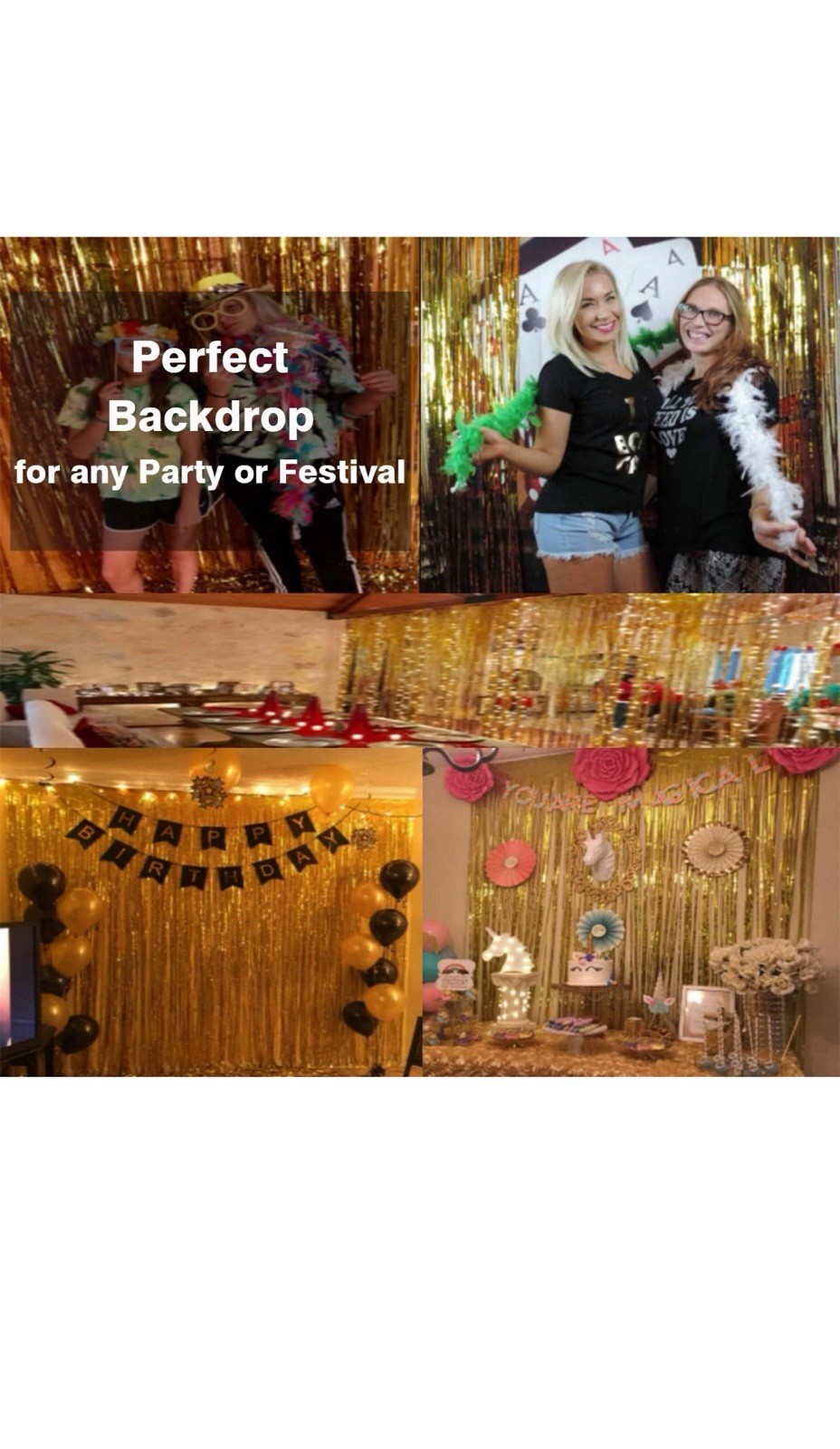 GOER 3.2 ft x 9.8 Metallic Tinsel Foil Fringe Curtains Party Photo Gold