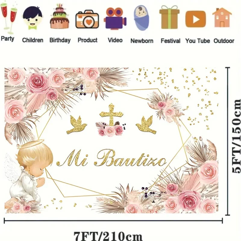 1pc Photography Background My Baptism God Bless Gold Cross Boho Party Backdrop