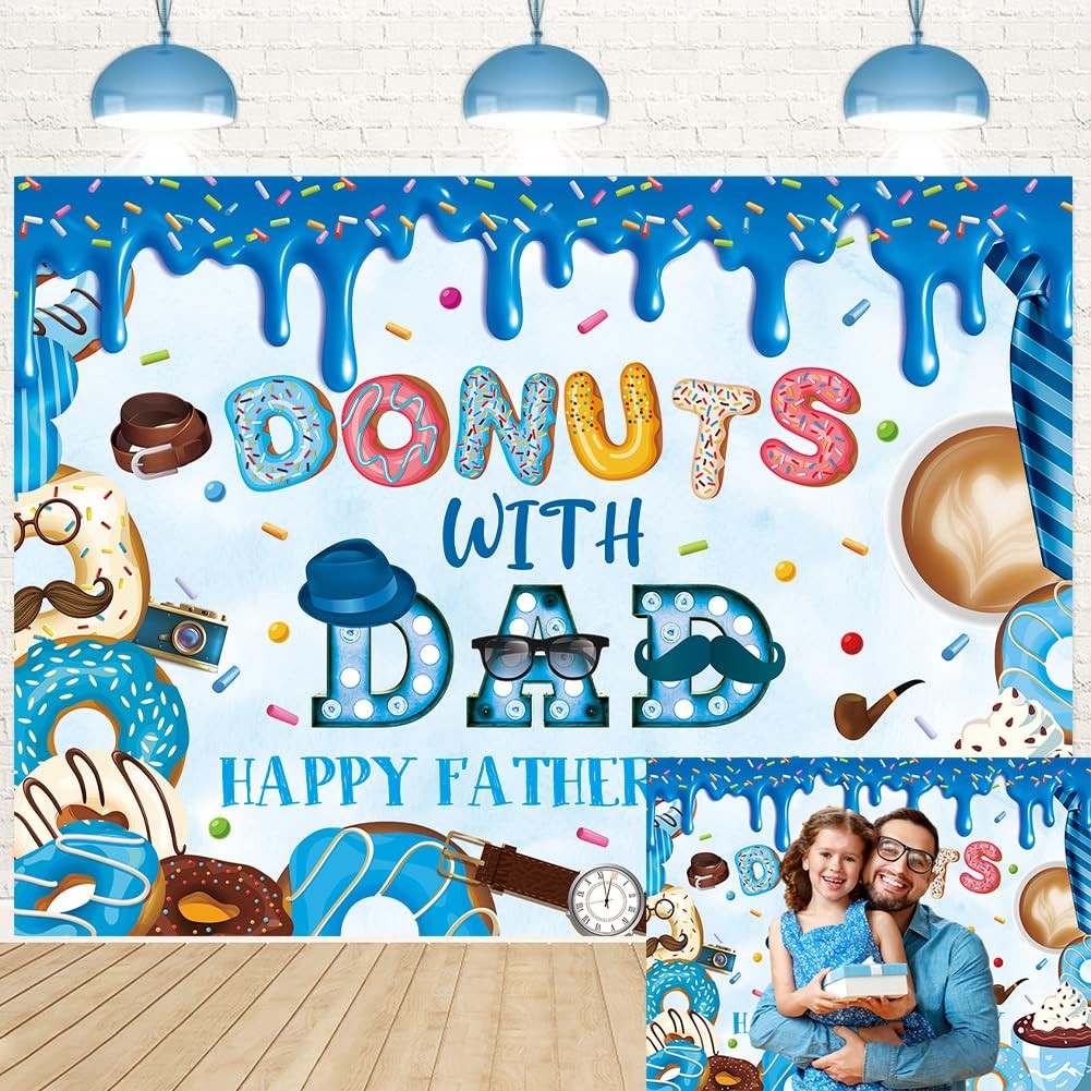 Happy Father’s Day Banner Backdrop 8x6FT Best Dad Ever Donuts 8x6FT, Blue