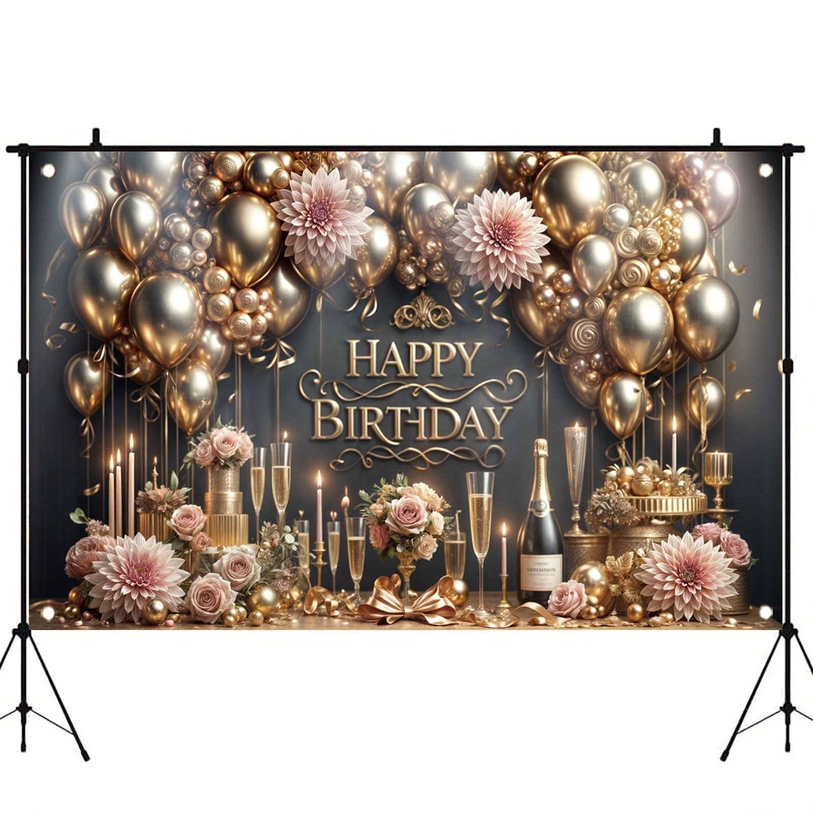 Starlit Patio Luxury Happy Birthday Backdrop Black Gold Party Decoration Elegant