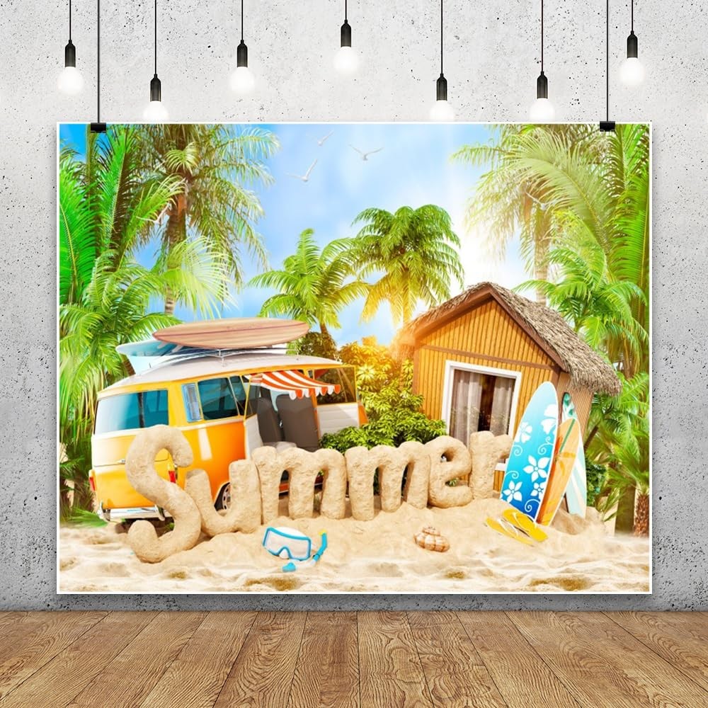 Summer Beach Backdrop Photography Tropical Palm Tree Surfboard 10×8 Ft Prop