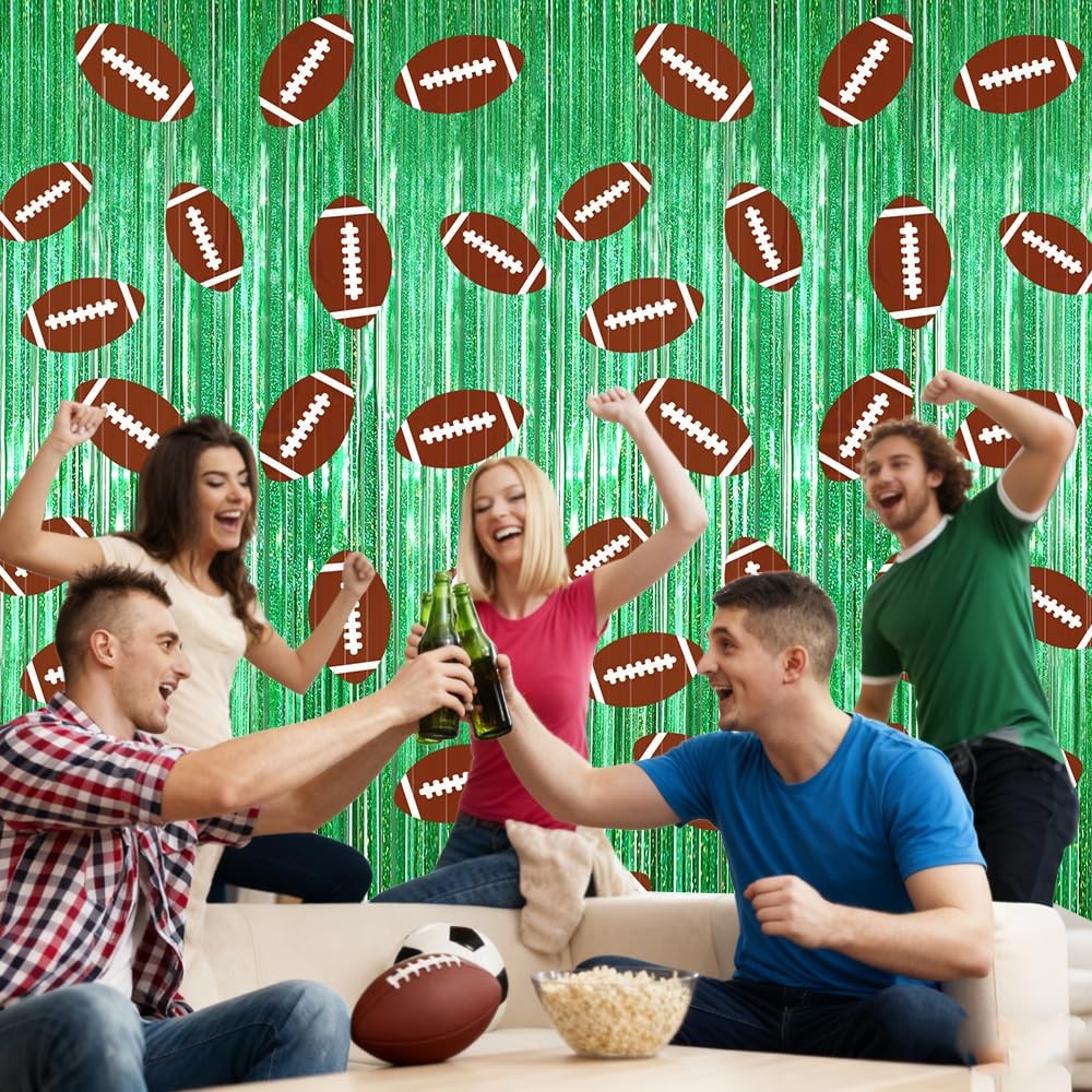 2 Pack Football Party Decorations Tinsel Backdrop Football Foil Fringe Curtains