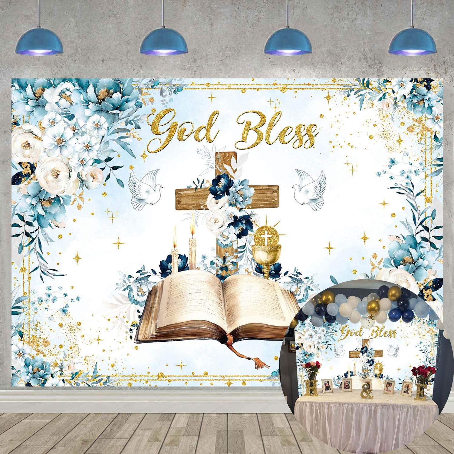God Bless Backdrop 7x5FT First Holy Communion Baptism Blue Flower Cross Photo