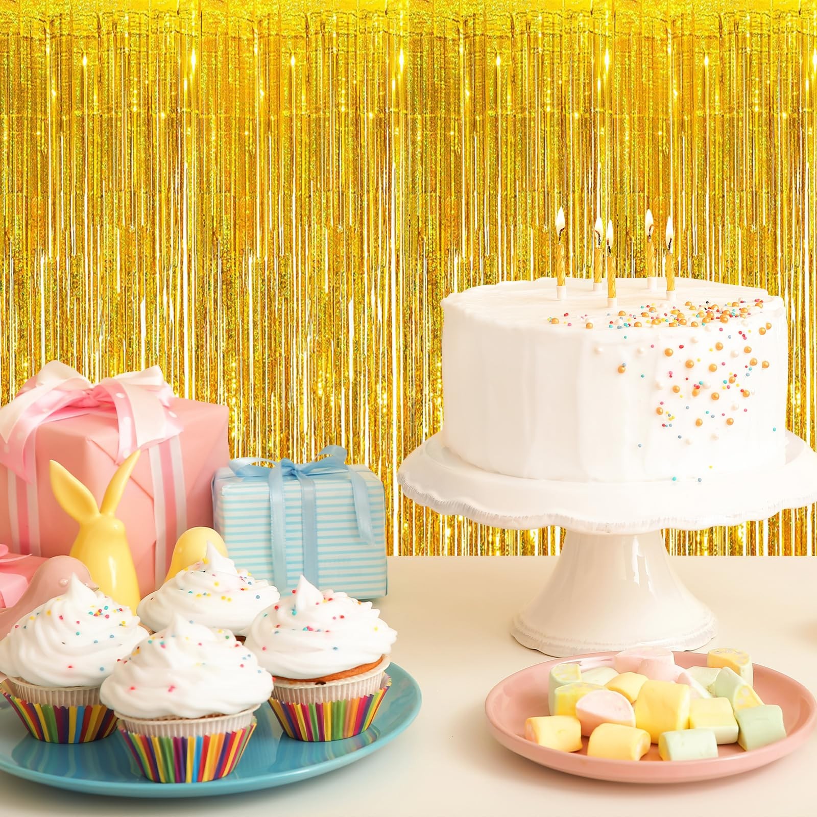 New Best 10 Pack Gold Foil Curtain Backdrop 3.2ft x 9.8ft Metallic Tinsel Fringe