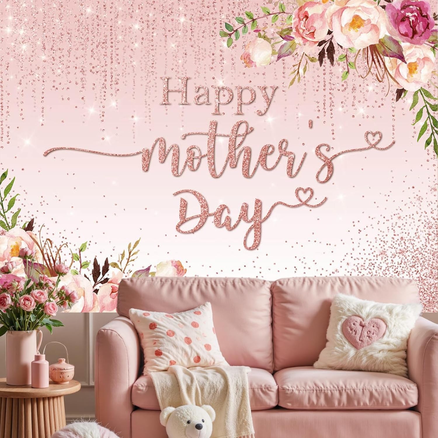 Happy Mother’s Day Backdrop Floral Golden Dots Mothers Day Birthday Photography
