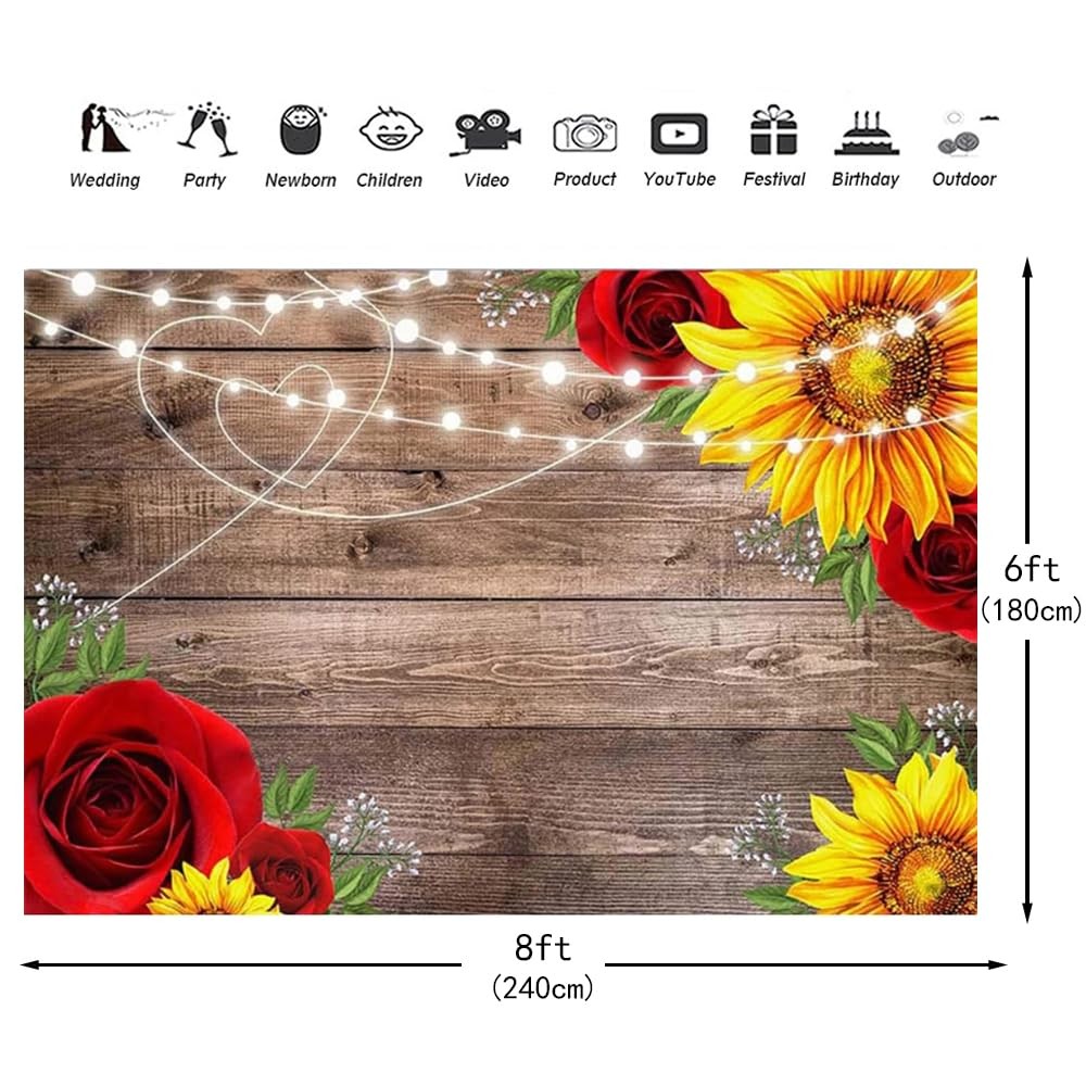 8x6ft Brown Wooden Board Sunflower Rose Photography Backdrop for 8x6ft,