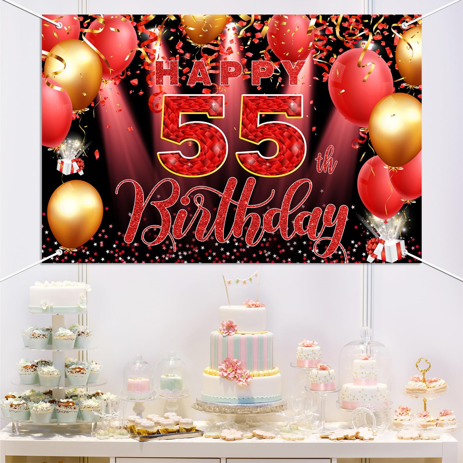 Red 55th Birthday Party Backdrop Banner 6x4ft with Rope, Polyester Fabric, Pe…