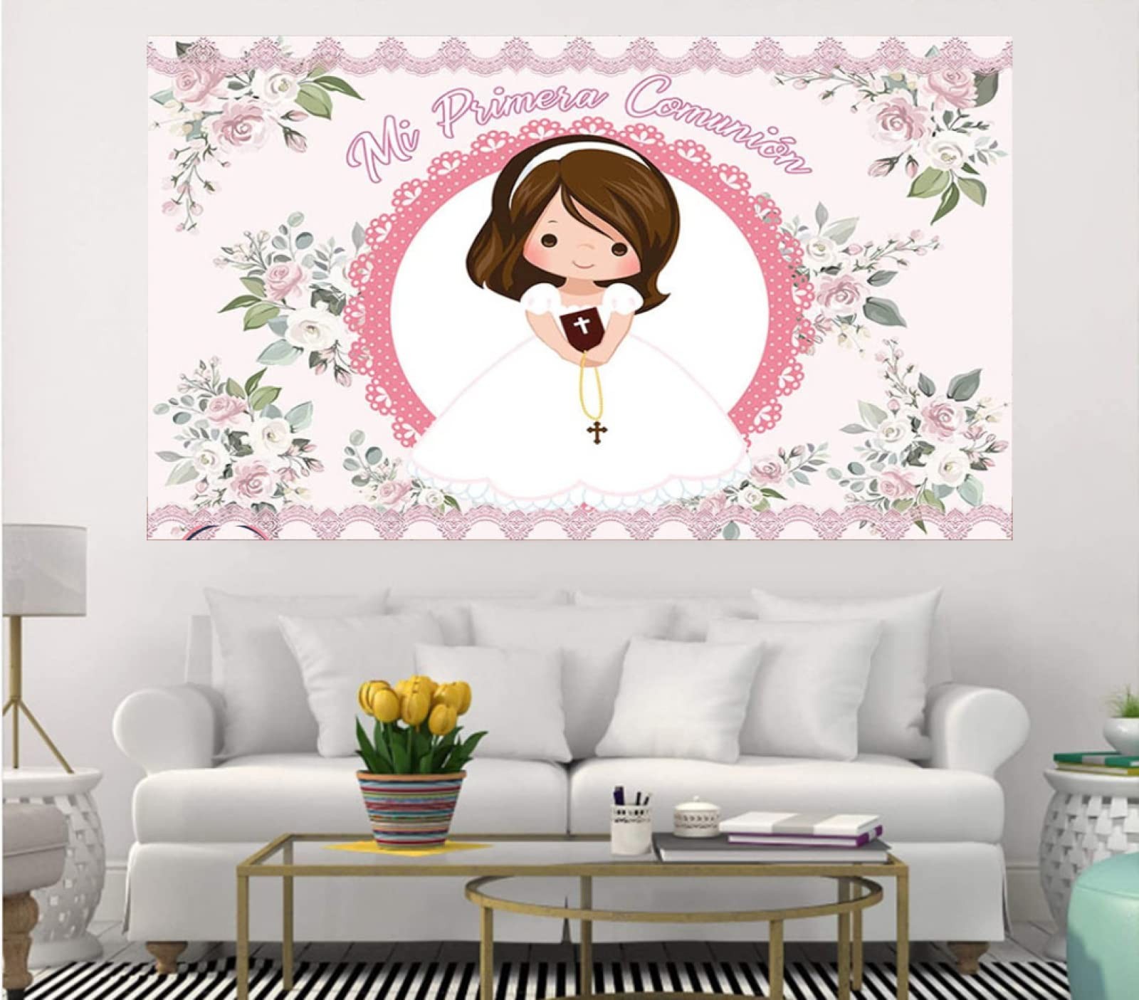 My First Communion Girl Baptism Photography Backdrop God Bless Decor 6×4 FT