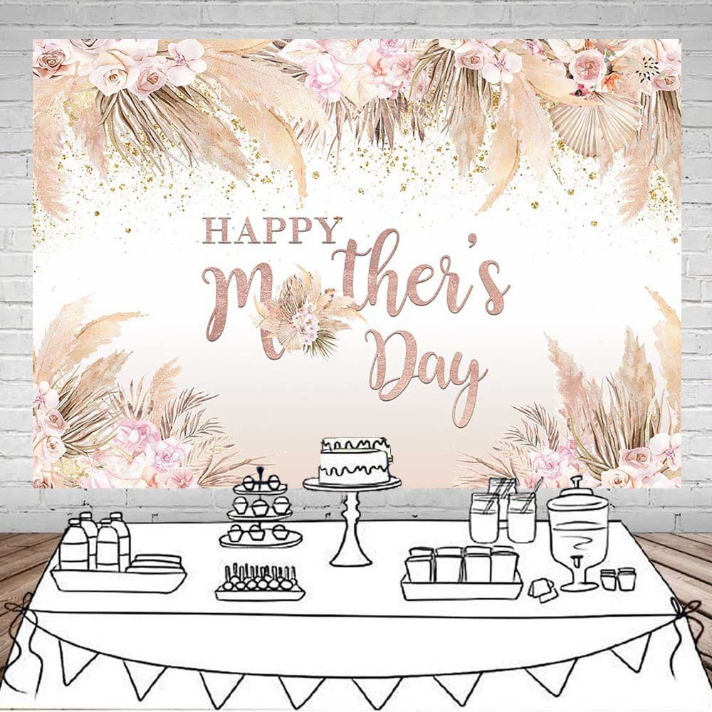 7x5ft Mothers Day Backdrop Boho Flowers Happy Mother’s Day Banner Pampas Grass