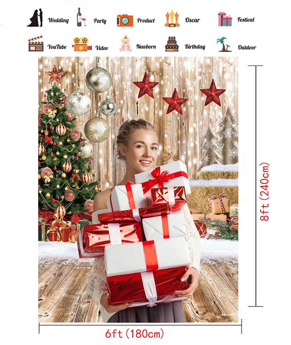 6x8FT Christmas Backdrop Wood Floor Winter Snow Xmas Tree Background Photo