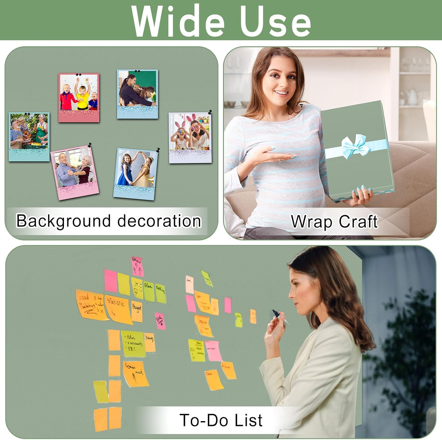 Sage Green Bulletin Board Roll Non-Woven Fabric Poster 15.55″ X12Ft | Erasable W