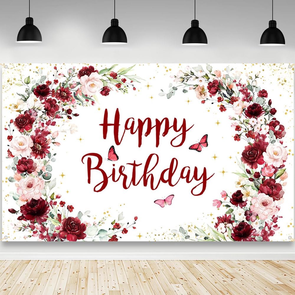 Happy Birthday Backdrop for Women Flower Photography Background Red Floral