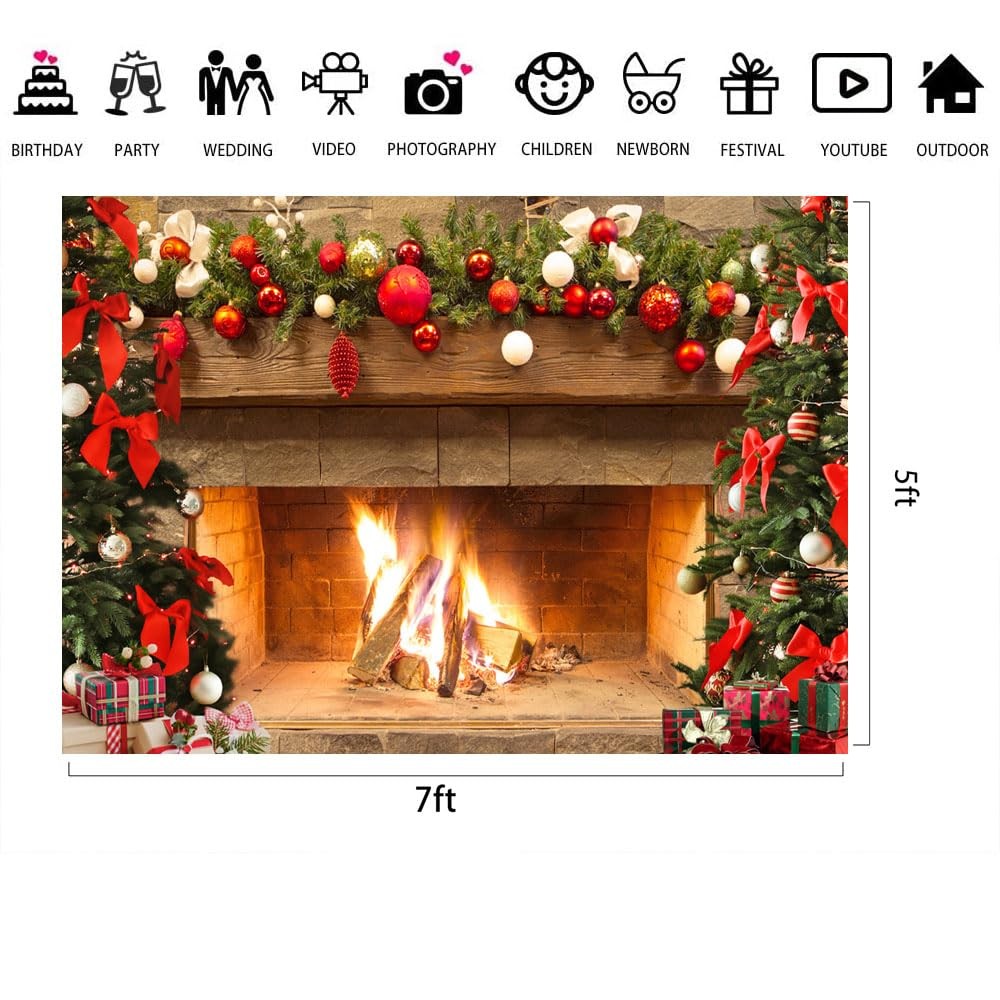 Lofaris Christmas Fireplace Backdrop Winter Xmas Tree Colorful 7x5ft, golden
