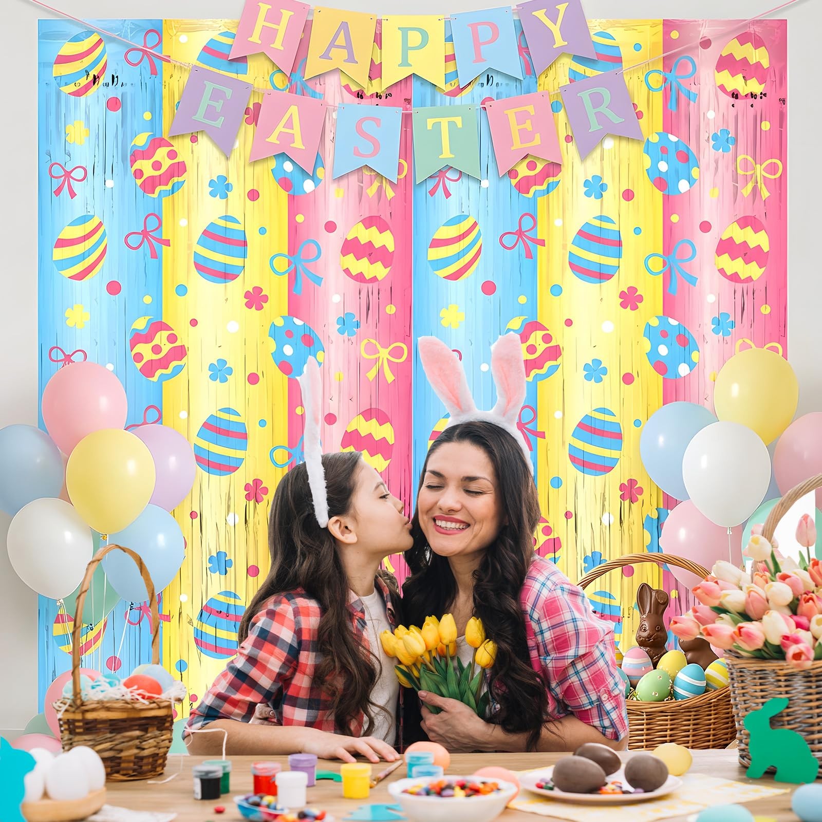 Yquqwn 2 Pack Easter Foil Fringe Curtain 3.3×6.6ft 3.25 ft x 6.5 ft,