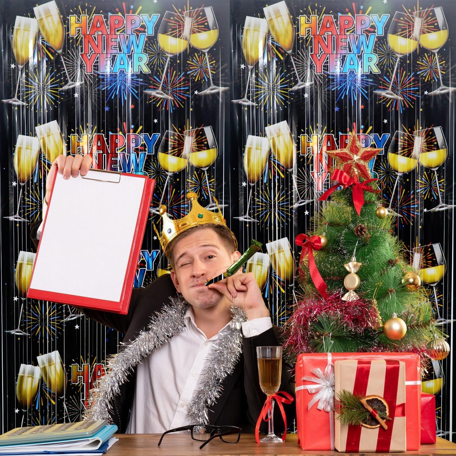 2 PCS Foil Curtain Backdrop New Year Eve Party Decorations Metallic Tinsel