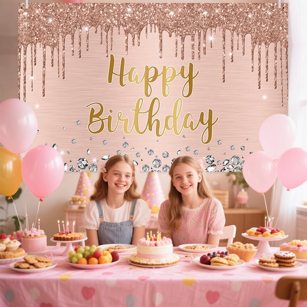 Happy Birthday Backdrop 5.9×3.6ft Pink Rose Gold Glitter Photography Decor