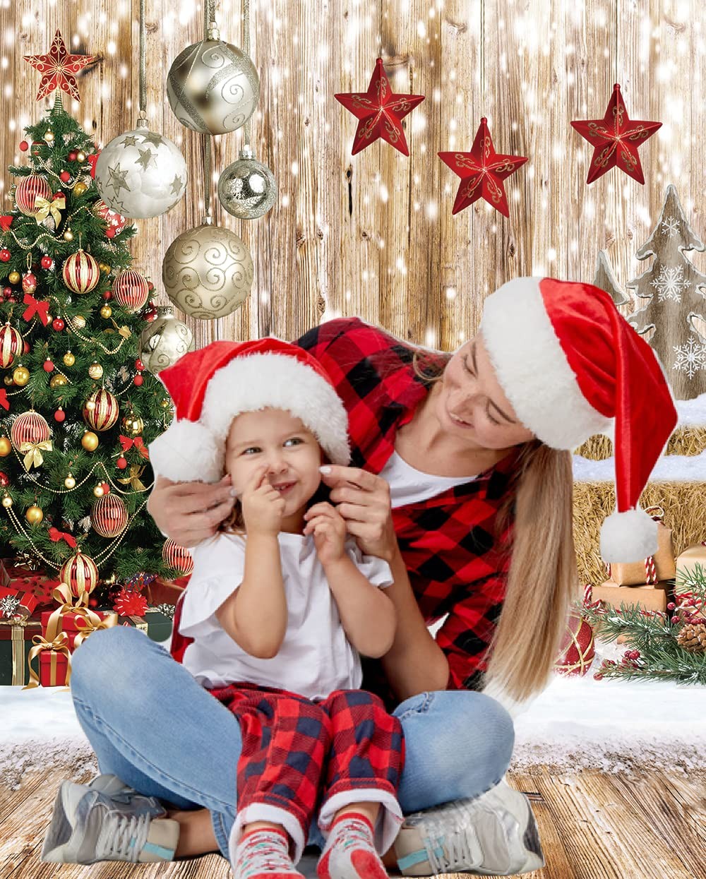 6x8FT Christmas Backdrop Wood Floor Winter Snow Xmas Tree Background Photo