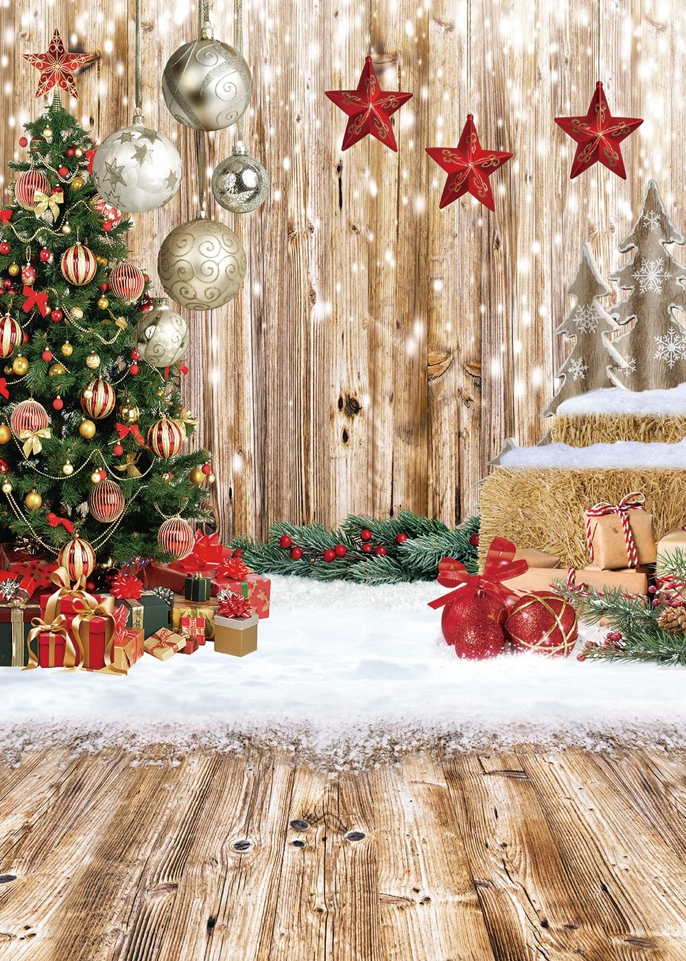 6x8FT Christmas Backdrop Wood Floor Winter Snow Xmas Tree Background Photo