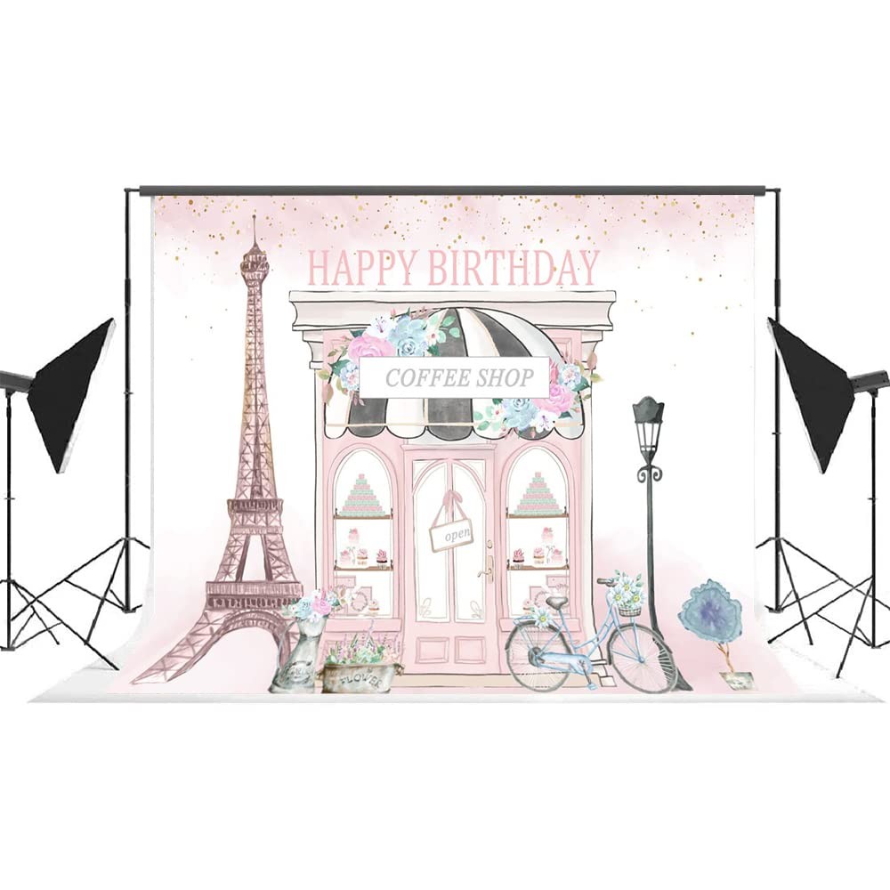 Birthday Backdrop 7x5ft Girls Pink Paris Eiffel Tower Party Photo Background