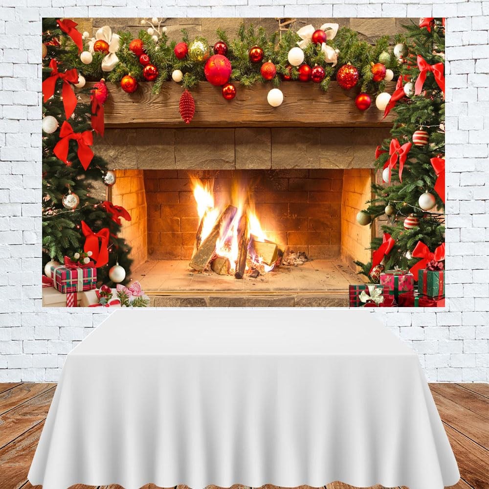 Lofaris Christmas Fireplace Backdrop Winter Xmas Tree Colorful 7x5ft, golden