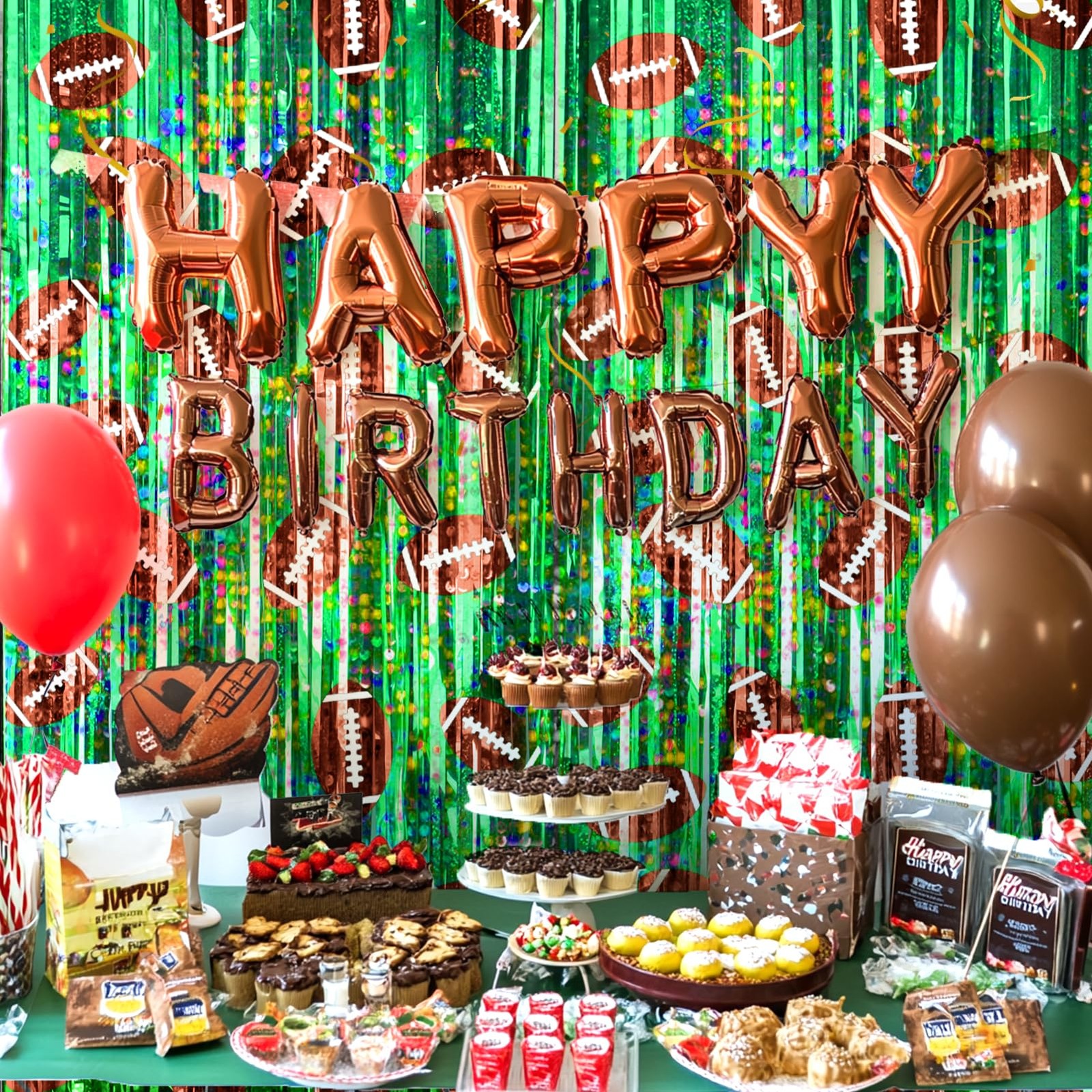 2 Pack Football Party Decorations Tinsel Backdrop Football Foil Fringe Curtains
