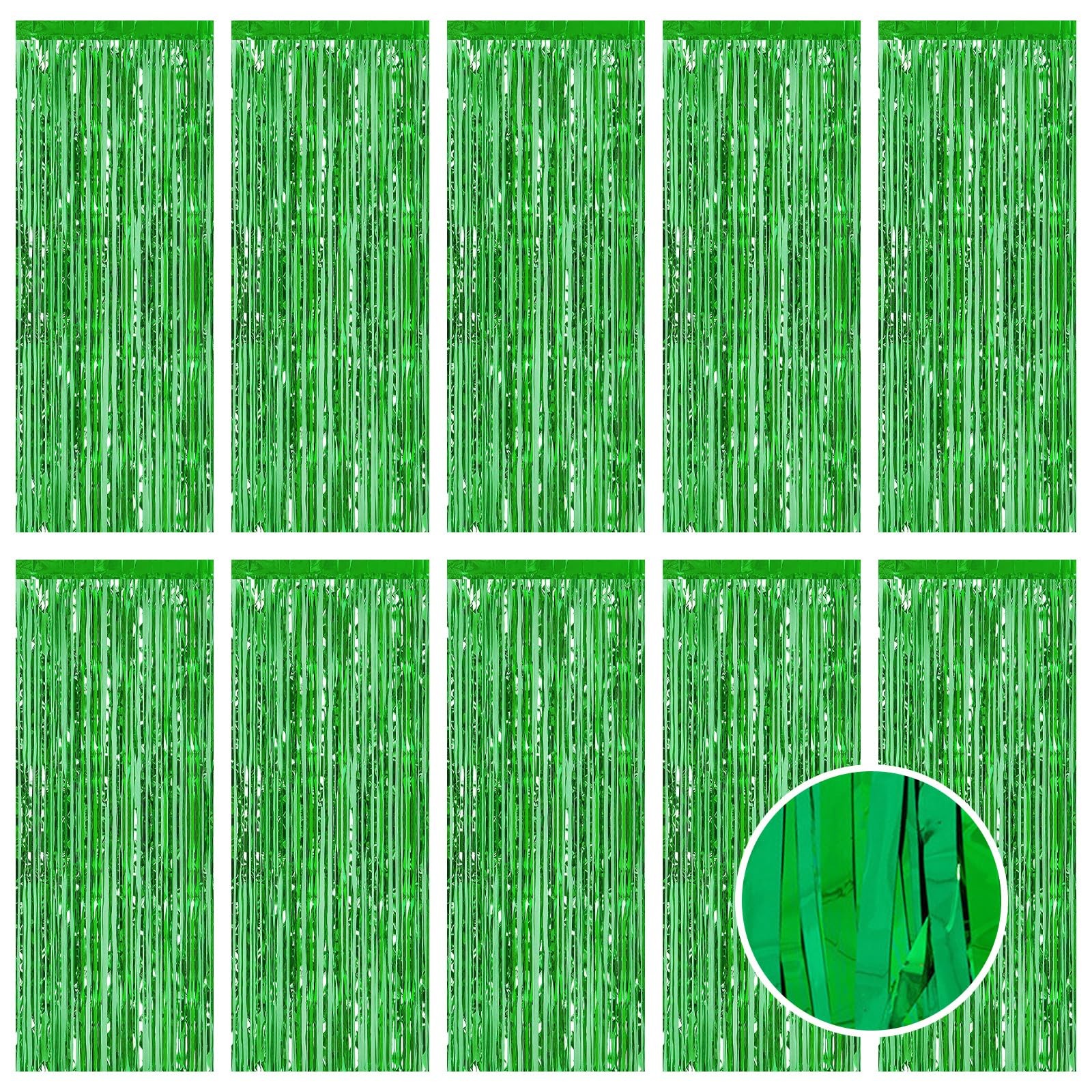 10 Pack 3.2×9.8 Ft Green Foil Fringe Curtains Metallic Tinsel Backdrop