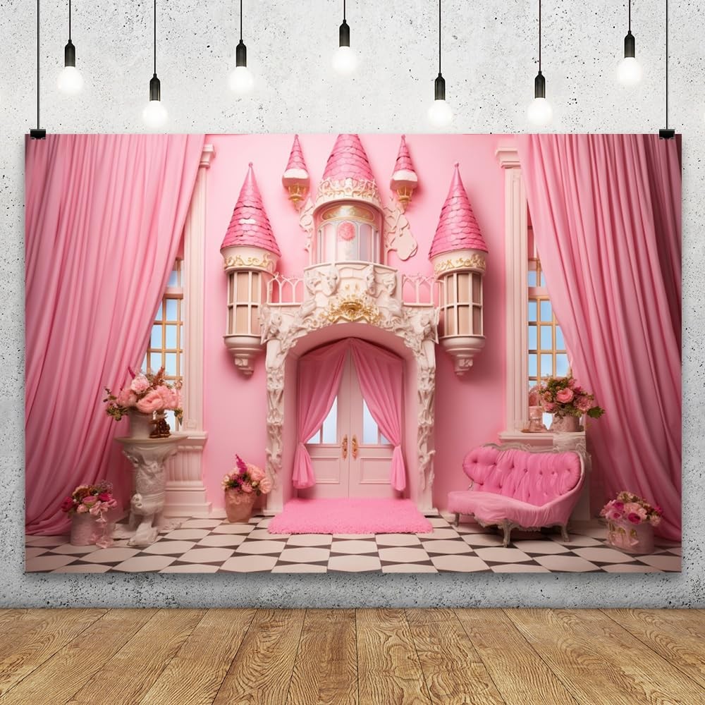 Pink Princess Castle Backdrop 10x5ft Sofa Flowers Vases Curtain Door Room Int…
