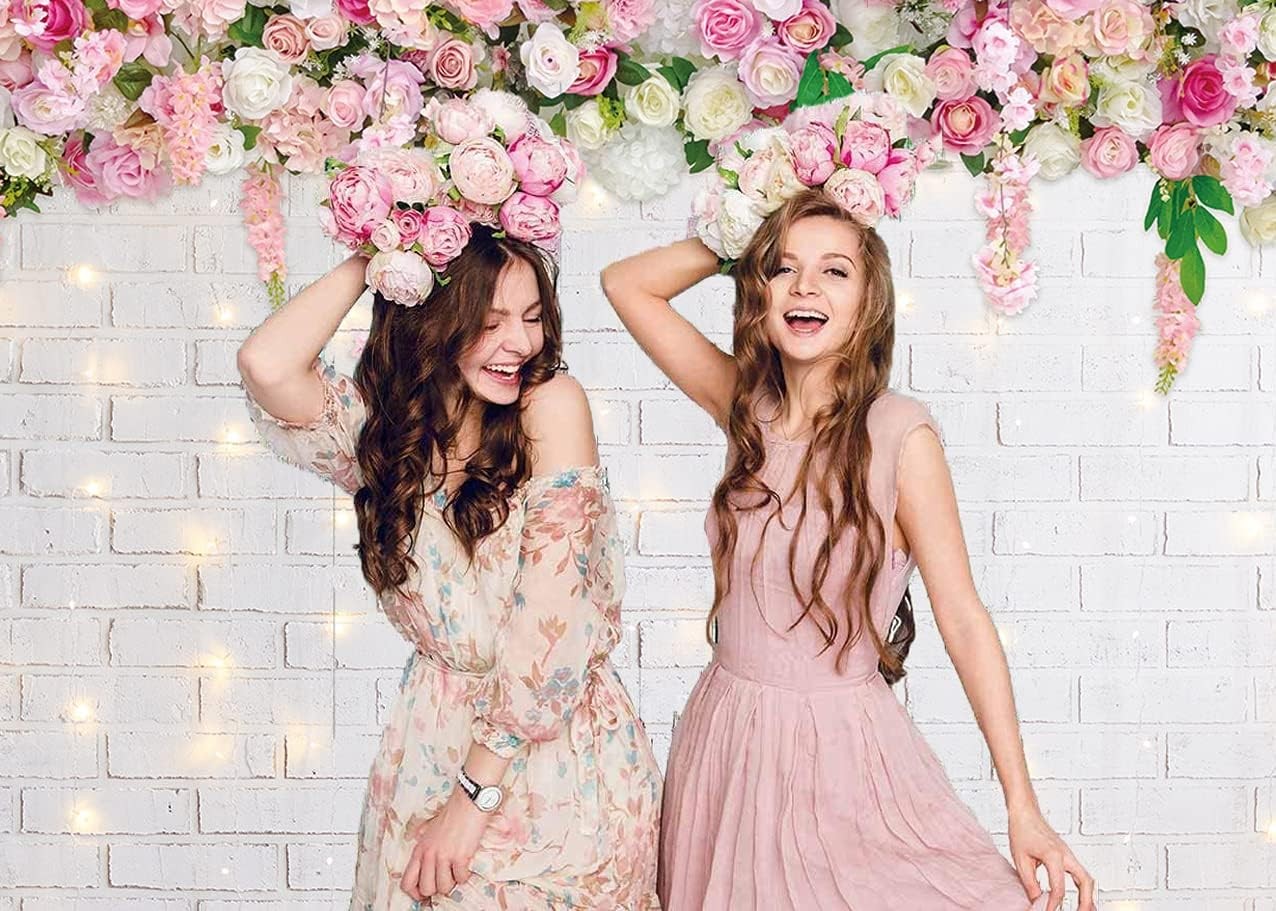 8x6FT Flower Wall Backdrop Glitter White Brick Spring Theme Photo Booth Prop